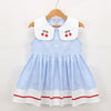 New Summer Embroidery Cherry Turn down Collar Sleeveless Striped Dress