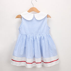 New Summer Embroidery Cherry Turn down Collar Sleeveless Striped Dress