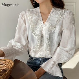 V Neck Lace Shirt Chic Lace Ruffle Vintage White Blouse