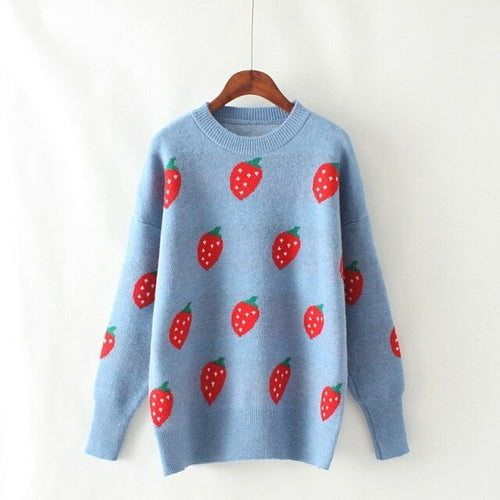 OMCHION Pull Femme 2019 Winter O Neck Long Sleeve Strawberry Knitted