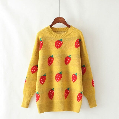 OMCHION Pull Femme 2019 Winter O Neck Long Sleeve Strawberry Knitted