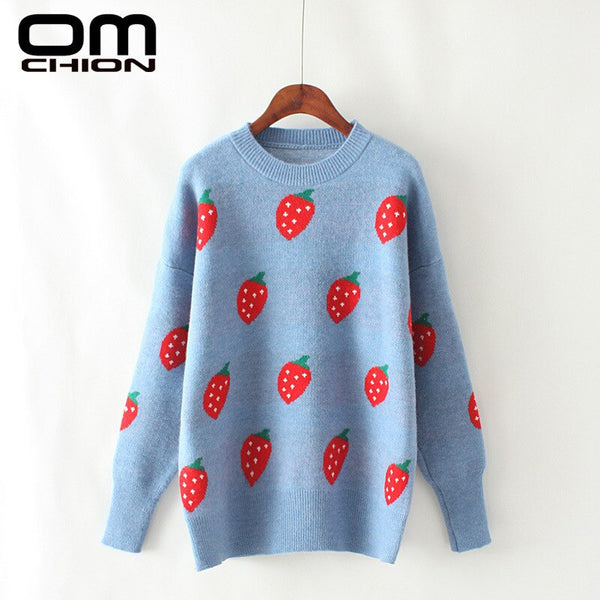 OMCHION Pull Femme 2019 Winter O Neck Long Sleeve Strawberry Knitted