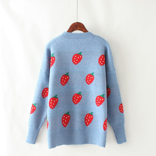 OMCHION Pull Femme 2019 Winter O Neck Long Sleeve Strawberry Knitted