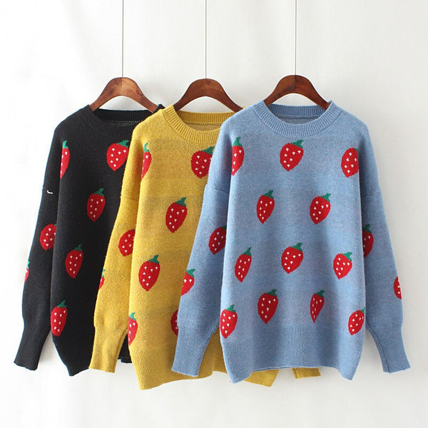 OMCHION Pull Femme 2019 Winter O Neck Long Sleeve Strawberry Knitted