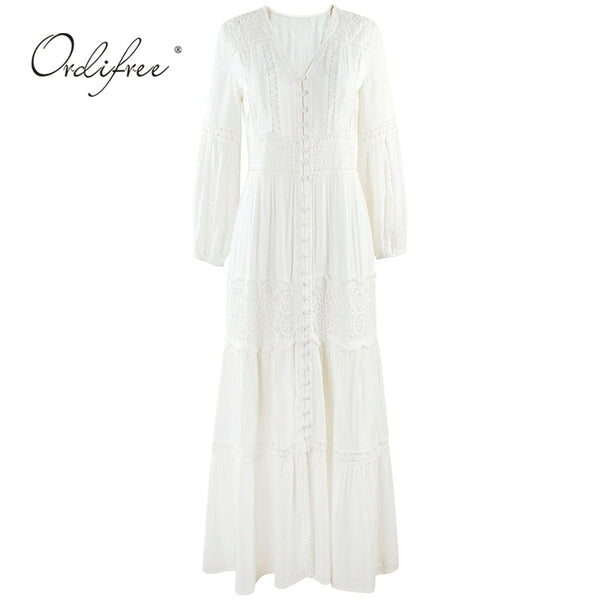 Ordifree 2021 Boho Women Maxi Party Dress Single Breasted Sexy White