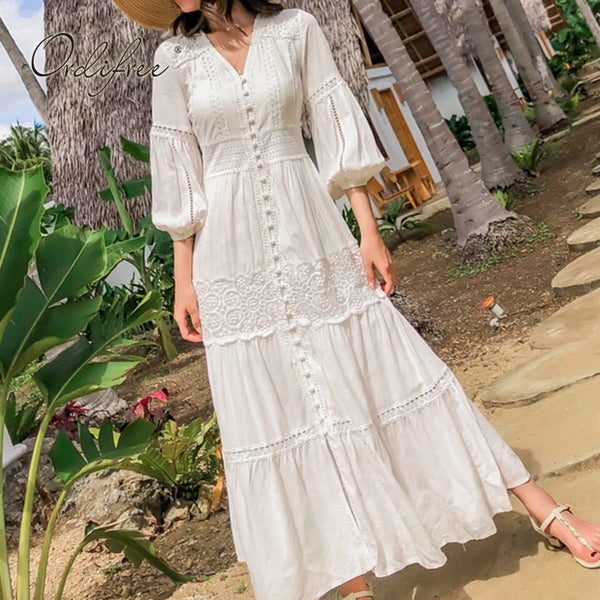 Ordifree 2021 Boho Women Maxi Party Dress Single Breasted Sexy White