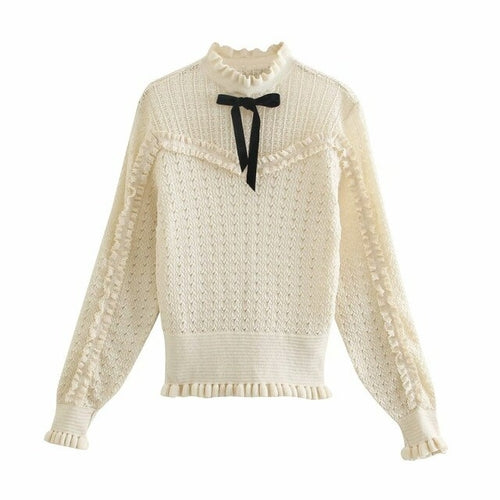 PUWD Sweet Women Ruffle Collar Knitted Sweater 2021 Spring autumn