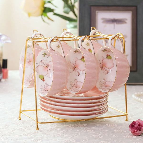 Pink Ceramic Coffee Cup European Royal Bone China Tea Mug Set