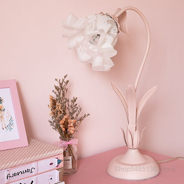 Pink Flower Table Lamp Bedside Modern Glass Stand Light Fixtures