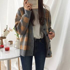 Plaid Printed Cardigan Women Knitted Sweater
