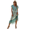 Print Elegant Women Long Dress Ruffle Sleeves V Neck Stitch A Line