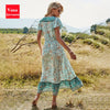 Print Elegant Women Long Dress Ruffle Sleeves V Neck Stitch A Line