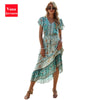 Print Elegant Women Long Dress Ruffle Sleeves V Neck Stitch A Line