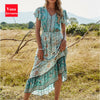 Print Elegant Women Long Dress Ruffle Sleeves V Neck Stitch A Line