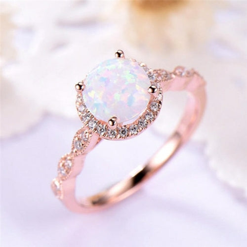 ROMAD Dainty Round Fire Opal Rings for Women Rose Gold CZ Engagement