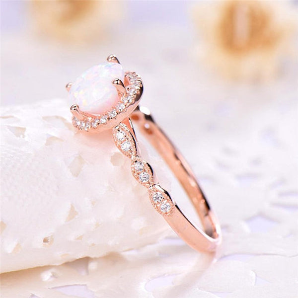 ROMAD Dainty Round Fire Opal Rings for Women Rose Gold CZ Engagement