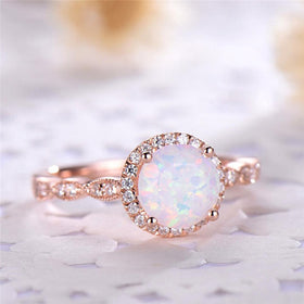 ROMAD Dainty Round Fire Opal Rings for Women Rose Gold CZ Engagement