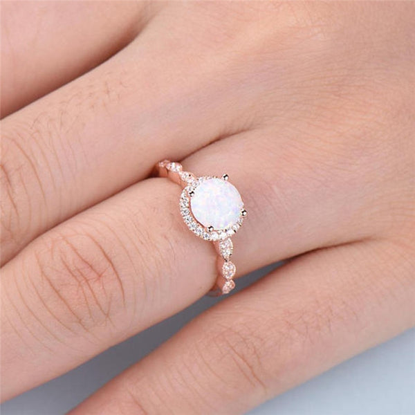 ROMAD Dainty Round Fire Opal Rings for Women Rose Gold CZ Engagement