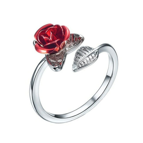 Red Rose Flower Leaves Opening Ring For Women Rhinestone Flowers