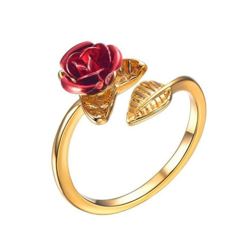 Red Rose Flower Leaves Opening Ring For Women Rhinestone Flowers