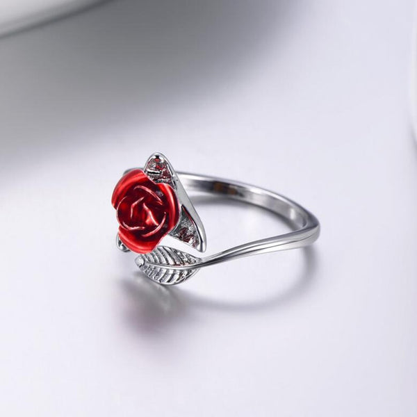 Red Rose Flower Leaves Opening Ring For Women Rhinestone Flowers