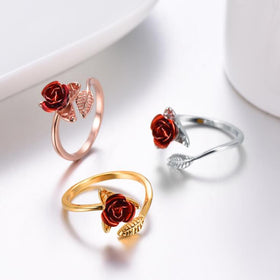 Red Rose Flower Leaves Opening Ring For Women Rhinestone Flowers