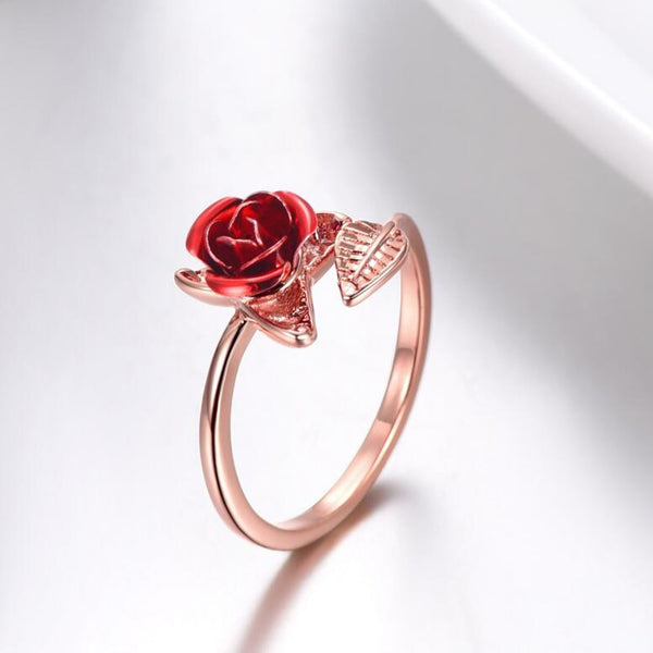 Red Rose Flower Leaves Opening Ring For Women Rhinestone Flowers