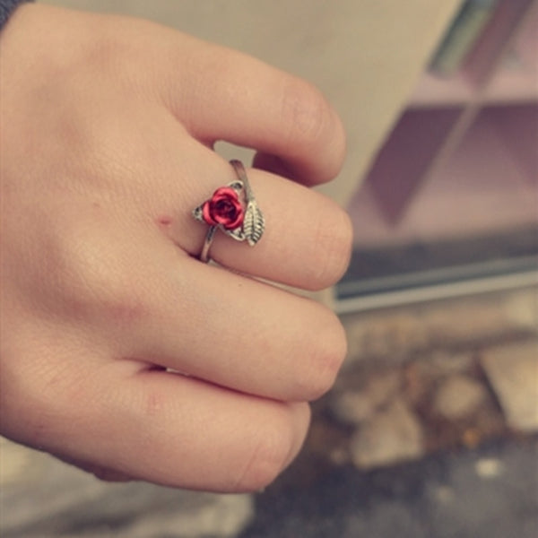 Red Rose Flower Leaves Opening Ring For Women Rhinestone Flowers