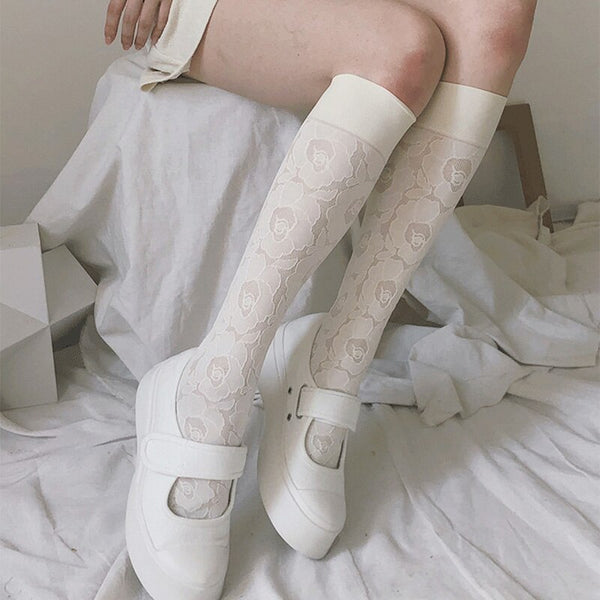 Embroidery Floral Stocking Knee High Socks