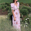 Retro Palace Pink Daisy Print Silk Party Dress Puff Sleeve Female