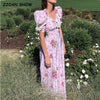 Retro Palace Pink Daisy Print Silk Party Dress Puff Sleeve Female