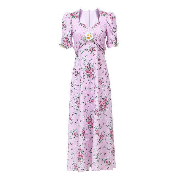 Retro Palace Pink Daisy Print Silk Party Dress Puff Sleeve Female