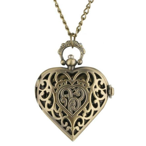 Romantic Heart Shape Quartz Pocket Watch Bronze/Silver/Black Necklace