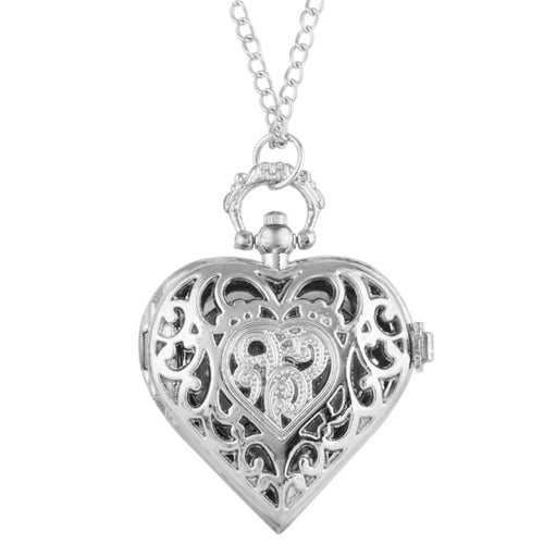 Romantic Heart Shape Quartz Pocket Watch Bronze/Silver/Black Necklace