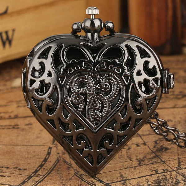 Romantic Heart Shape Quartz Pocket Watch Bronze/Silver/Black Necklace