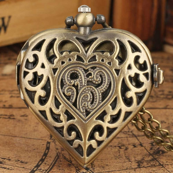 Romantic Heart Shape Quartz Pocket Watch Bronze/Silver/Black Necklace