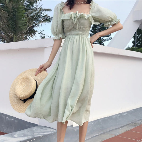 Ruffles Long Dress Women White Puff Sleeve Square Collar Beach Party