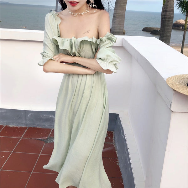 Ruffles Long Dress Women White Puff Sleeve Square Collar Beach Party