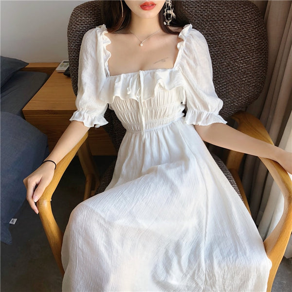 Ruffles Long Dress Women White Puff Sleeve Square Collar Beach Party