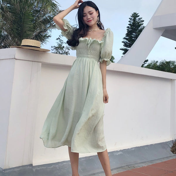 Ruffles Long Dress Women White Puff Sleeve Square Collar Beach Party