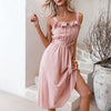 Simplee Light Pink Spaghetti Strap Mid Women Dress Casual Ruffled High