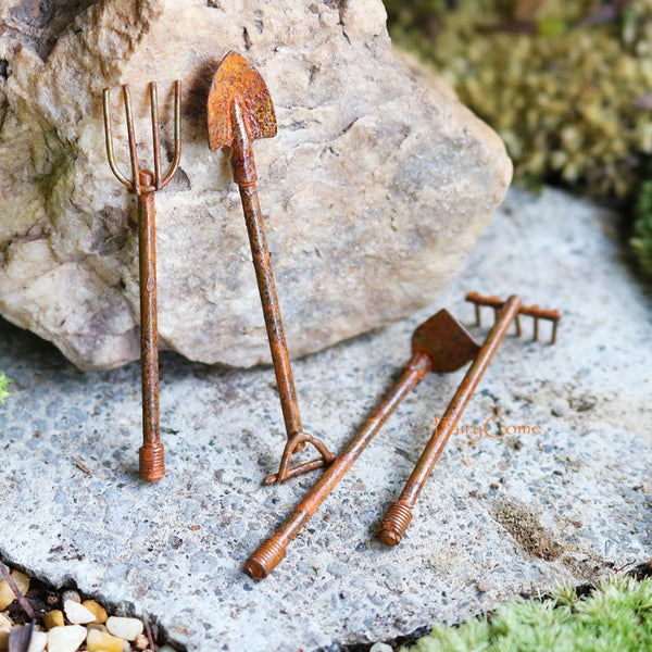 Set of 4pcs Miniature Garden Tools Rusty Metal Crafts Pixies Gnomes