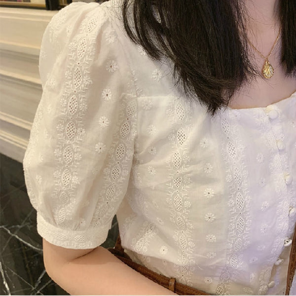 Shirts Women Short Puff Sleeve Crop Tops Lace Elegant Simple Blouses