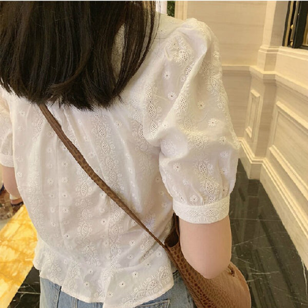 Shirts Women Short Puff Sleeve Crop Tops Lace Elegant Simple Blouses