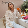 Simplee Autumn Office Lady Gingham Square Pattern Shirt Women Casual V