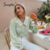 Simplee Autumn Office Lady Gingham Square Pattern Shirt Women Casual V