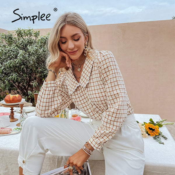 Simplee Autumn Office Lady Gingham Square Pattern Shirt Women Casual V