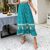 Simplee Holiday peacock blue floral print a line long skirt summer