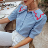 Simplee Holiday plaid cotton blouse shirt summer  Girlish doll collar