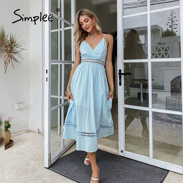 Simplee Holiday slip cotton women's lace dress blue Hollow out wrap